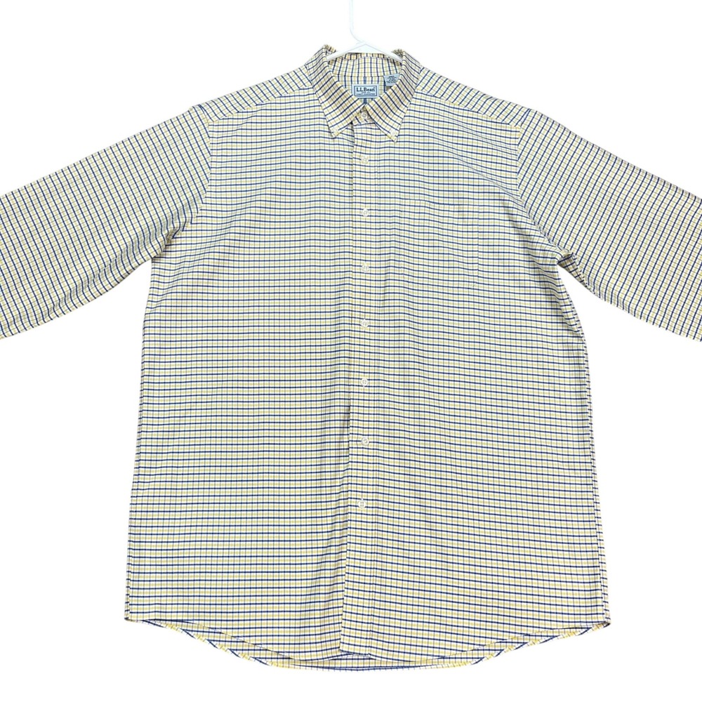 L.L.Bean Mens Button Down Shirt 17 37 Yellow‎ Blue Plaid Long Sleeve Casual